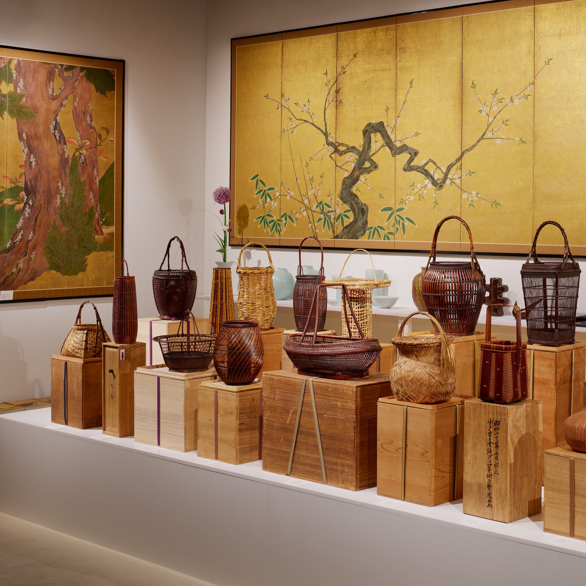 Bamboo baskets made by the greatest Japanese bamboo artists of the modern through contemporary periods, presented by Thomsen Gallery at Design Miami/ Basel 2023. Photo © James Harris for Design Miami/ Basel