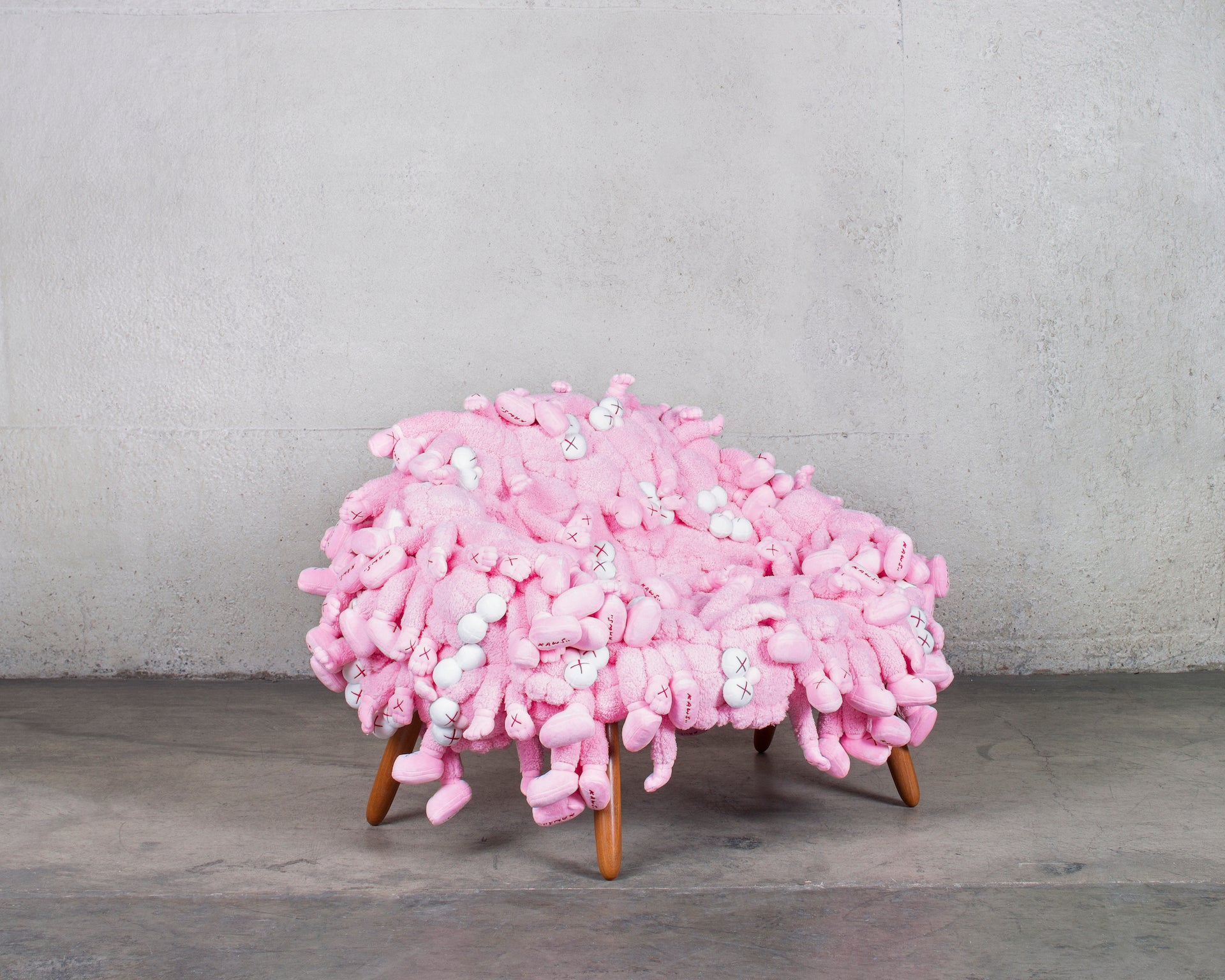Represented by Friedman Benda: Chair Pink by KAWS x Estudio Campana, 2018, composed of plush toys, stainless steel, and cumaru wood. Acquired by the Brooklyn Museum. Photo © Daniel Kukla; courtesy of Friedman Benda and the artists