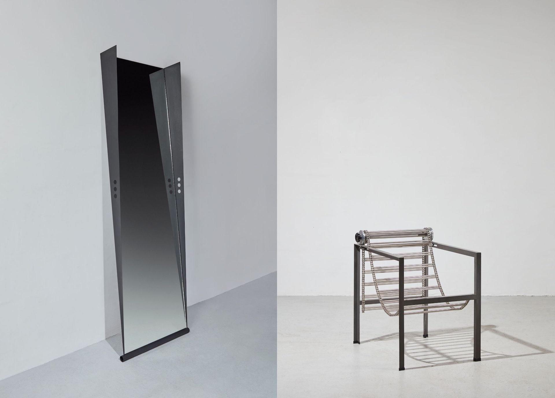 Tom Double standing mirror (Ca. 1985) by Philippe Starck. Barba d'Argento Armchair (1986) by Paolo Pallucco & Mireille Rivier. Photos courtesy of Ketabi Bourdet