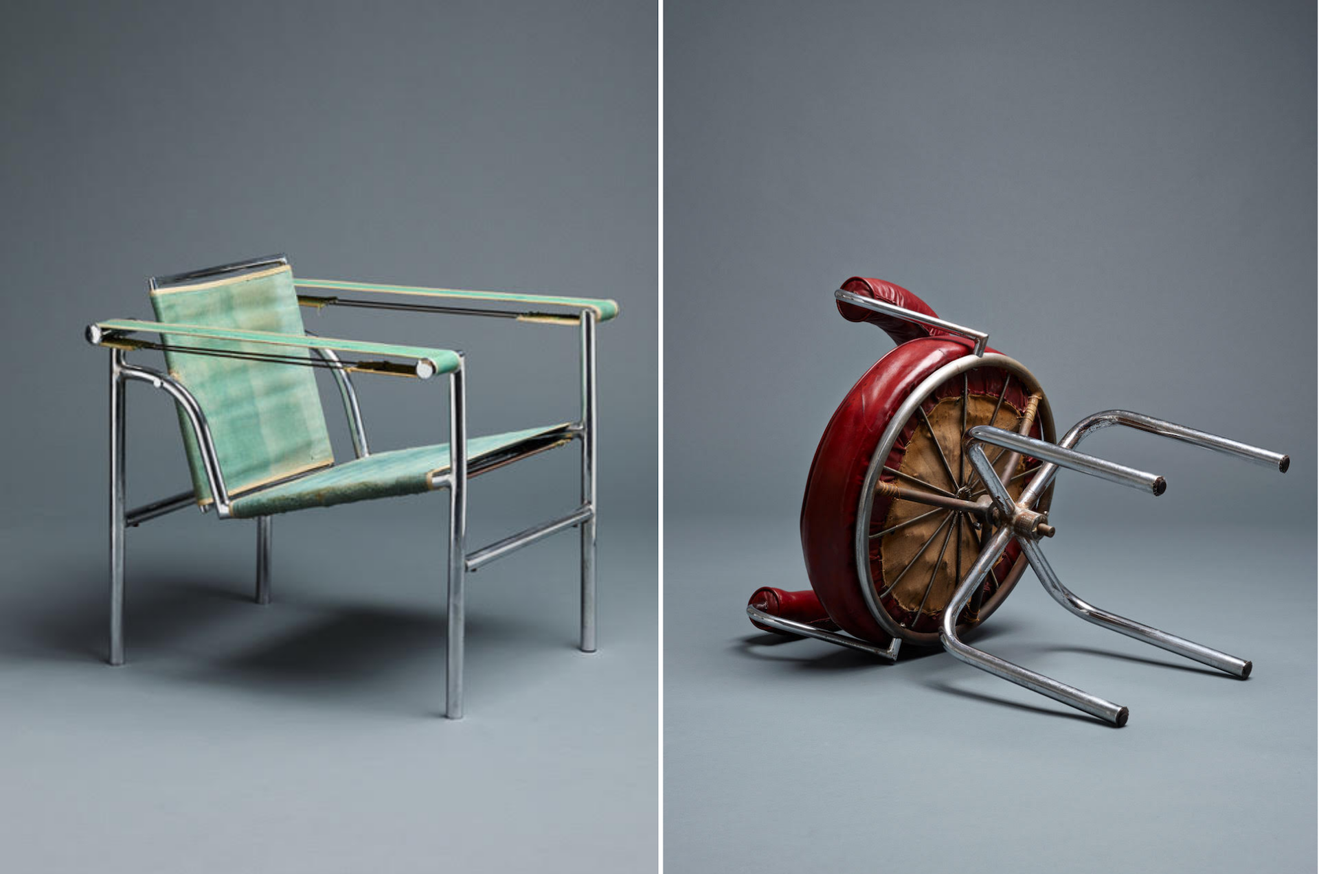 Armchair Siège à Dossier Basculant, 1929, and Swivel Chair Siège Pivotant, 1927, both by Le Corbusier, Charlotte Perriand, and Pierre Jeanneret. Photos © Galerie Ulrich Fiedler