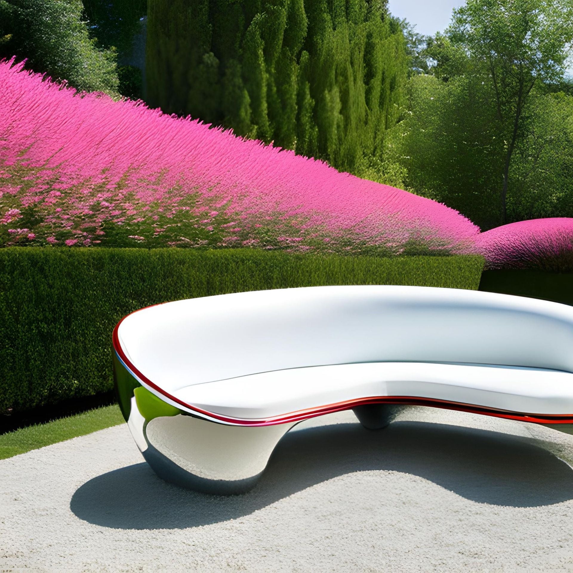 AI-generated image from prompt: "Lockheed Lounge by Marc Newson in a garden." Via Canva