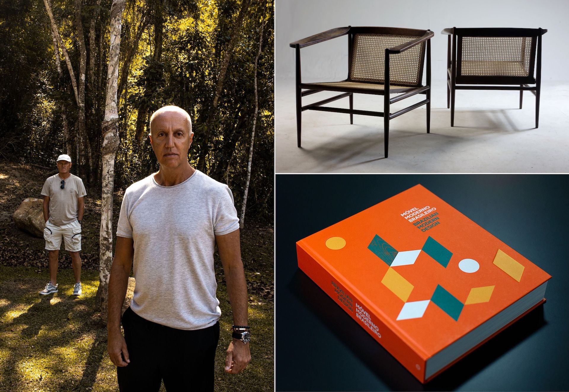 Left: Alberto Vicente (back) and Marcelo Vasconcellos (front). Top Right: Caned Armchairs by Joaquim Tenreiro, 1958. Bottom Right: Móvel Moderno Brasileiro / Brazilian Modern Design, edited by Vicente and Vasconcellos (2017). Photos © Mercado Moderno