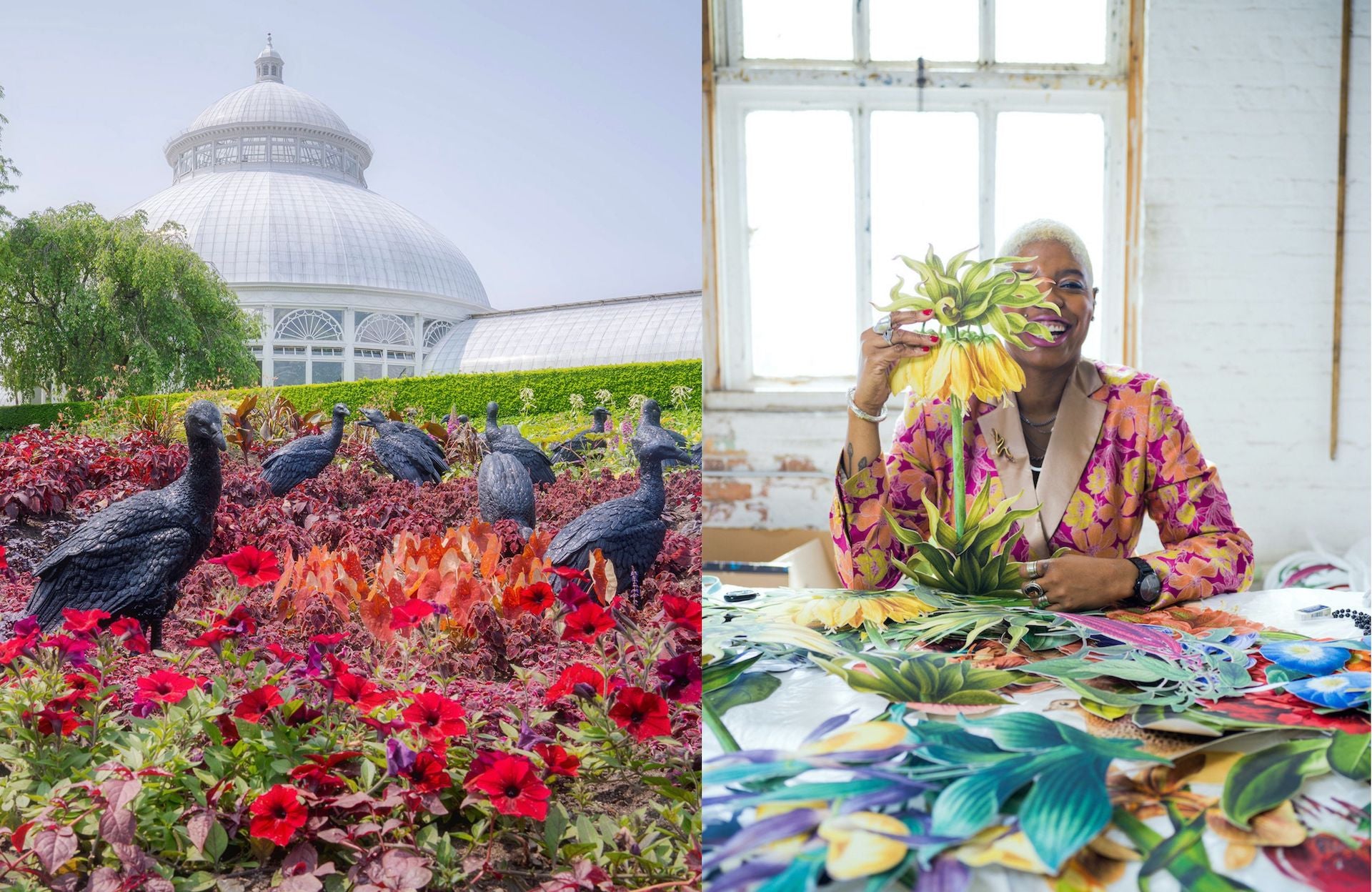Left: Intervention on the Conservatory Lawn at NYBG, Photo courtesy of NYBG. Right: Ebony G. Patterson. Photo by Frank Ishman; Courtesy of the artist and Monique Meloche Gallery, Chicago
