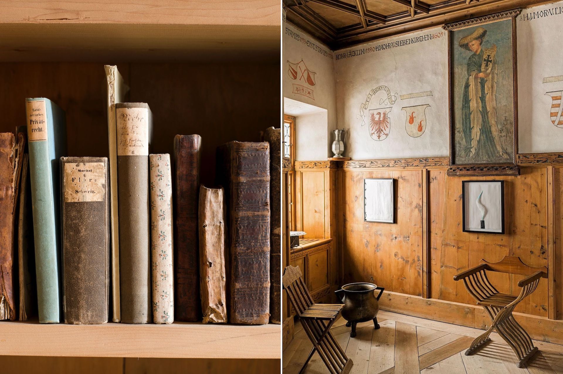 Not Vital's library, Chasa Planta, Ardez. Photo © Eric Gregory Powell | Inside Schloss Tarasp. Photo © Federico Ciamei