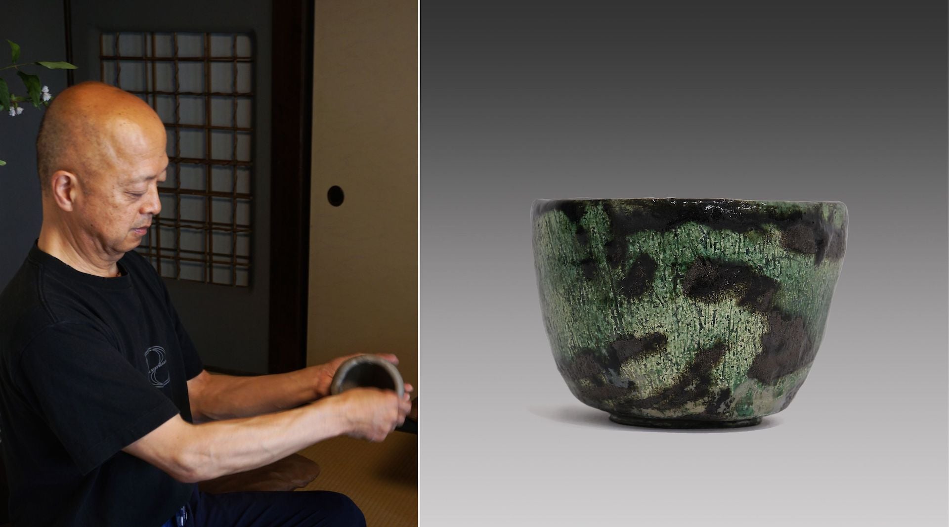 Ōhi Toshio Chōzaemon XI in his studio. Photo © Xinyi Zhang | Green Tea Bowl with Copper Glaze (2014) by Ōhi Toshio Chōzaemon XI. Photo © Onishi Gallery