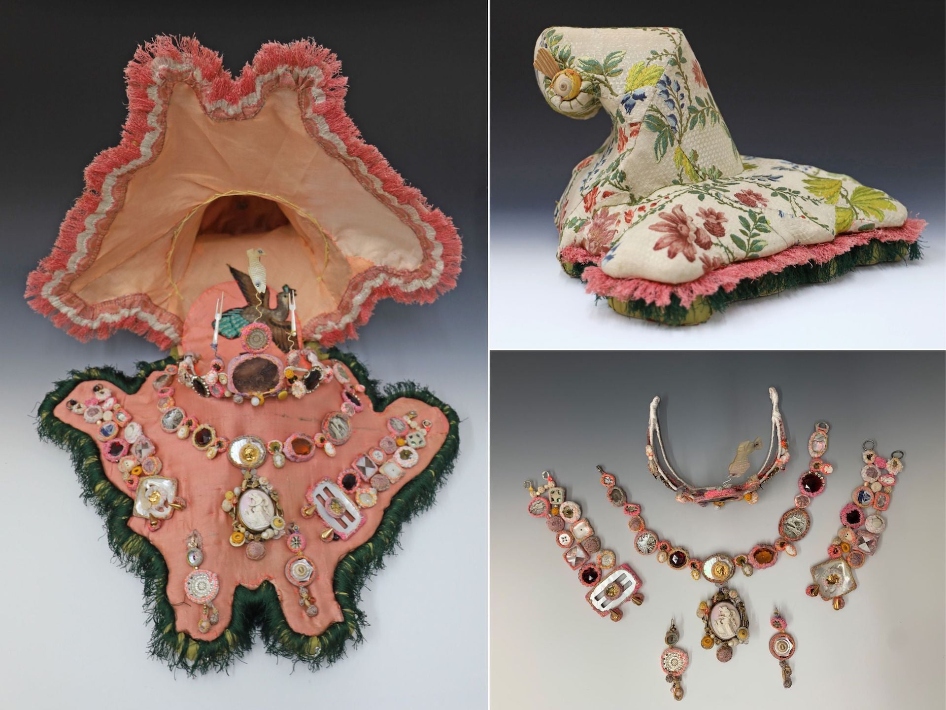 Represented by Ornamentum: Pink Parure by Samuel Gassman, 2021, a jewelry set including a tiara, necklace, two bracelets, and a pair of earrings presented in a box handmade in antique textiles, buttons, and more. Acquired by the Museum of Arts & Design. Photos courtesy of Ornamentum and the artist