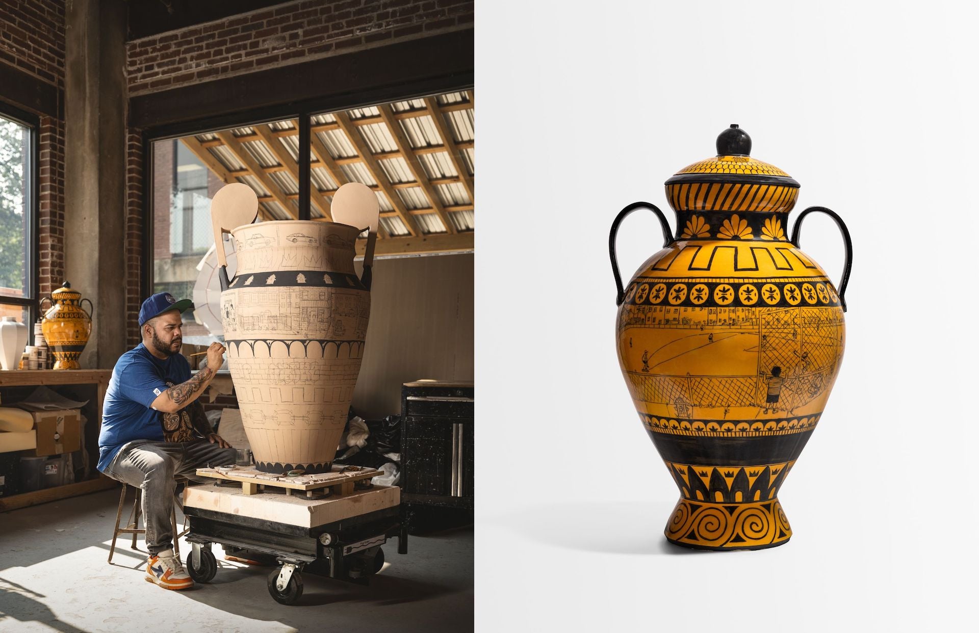 Roberto Lugo at work in his studio and The Day I Tried to Play Baseball (2023) in glazed stoneware. Photos by Joe Kramm; Courtesy of R & Company