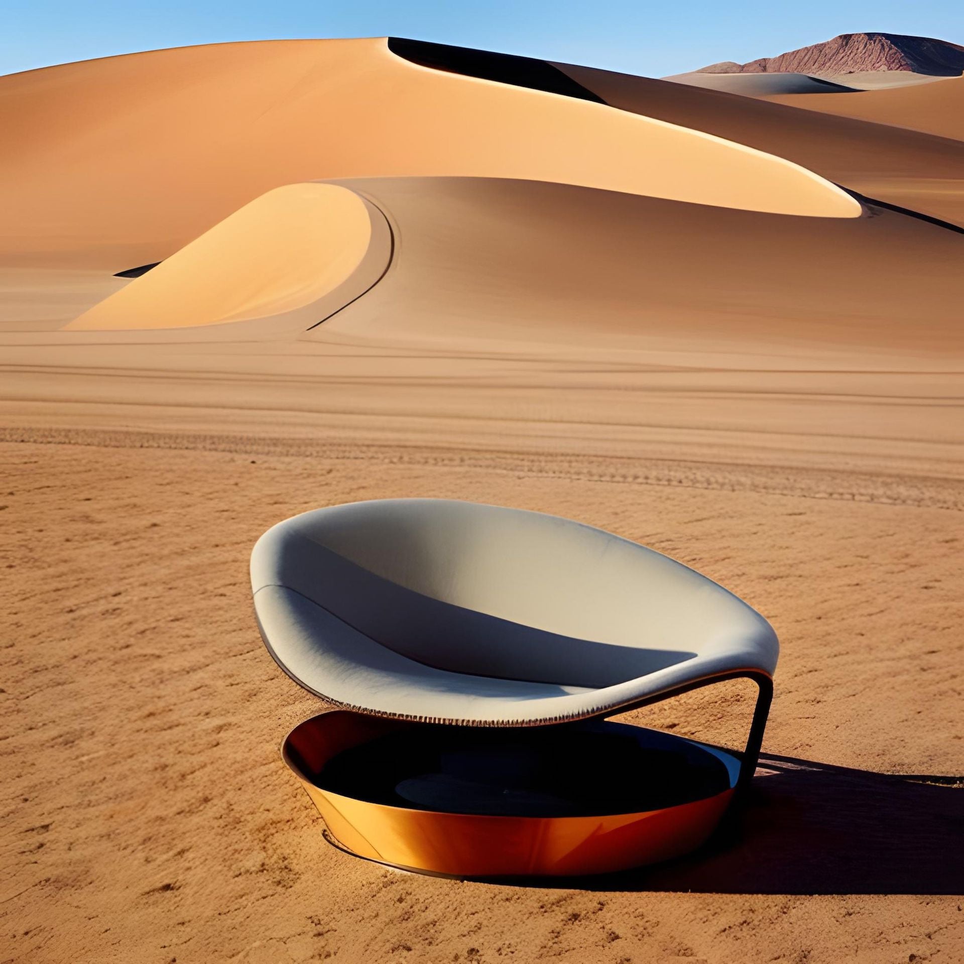 AI-generated image from prompt: "Rover Chair by Ron Arad in a desert." Via Canva