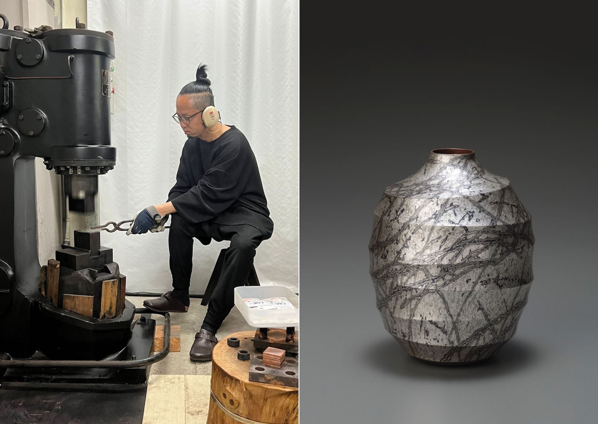 Left: Sako Ryuhei at work in his studio outside of Okayama City. Photo © Daniella Ohad | Right: Mokume-gane Vase 02 by Sako Ryuhei, 2013. Photo © Onishi Gallery