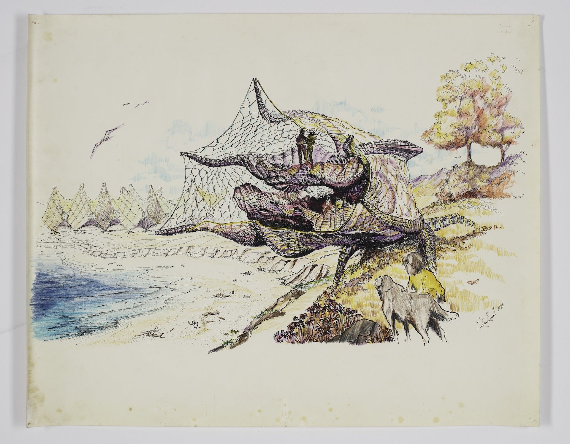 Glen Small's Drawing of a flying house (1973), from Biomorphic Biosphere Project, 1969–82.  Ink and watercolor on paper.  Collection of Glen Small; Courtesy of the artist and MoMA