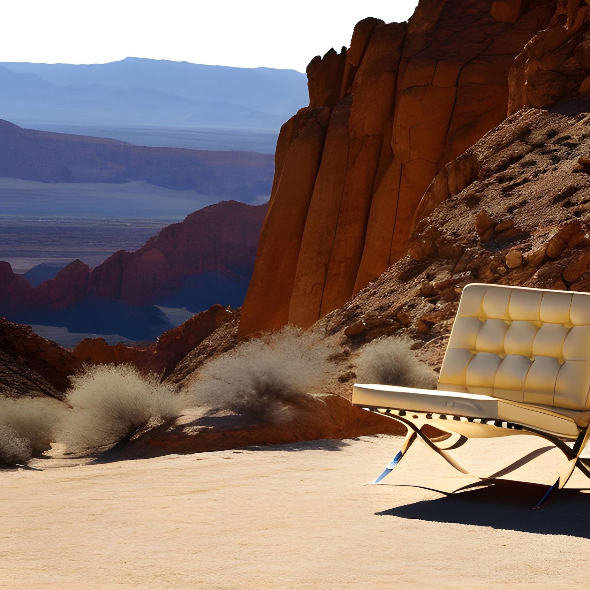 AI-generated image from prompt: "Barcelona Chair by Ludwig Mies van der Rohe in a desert." Via Canva