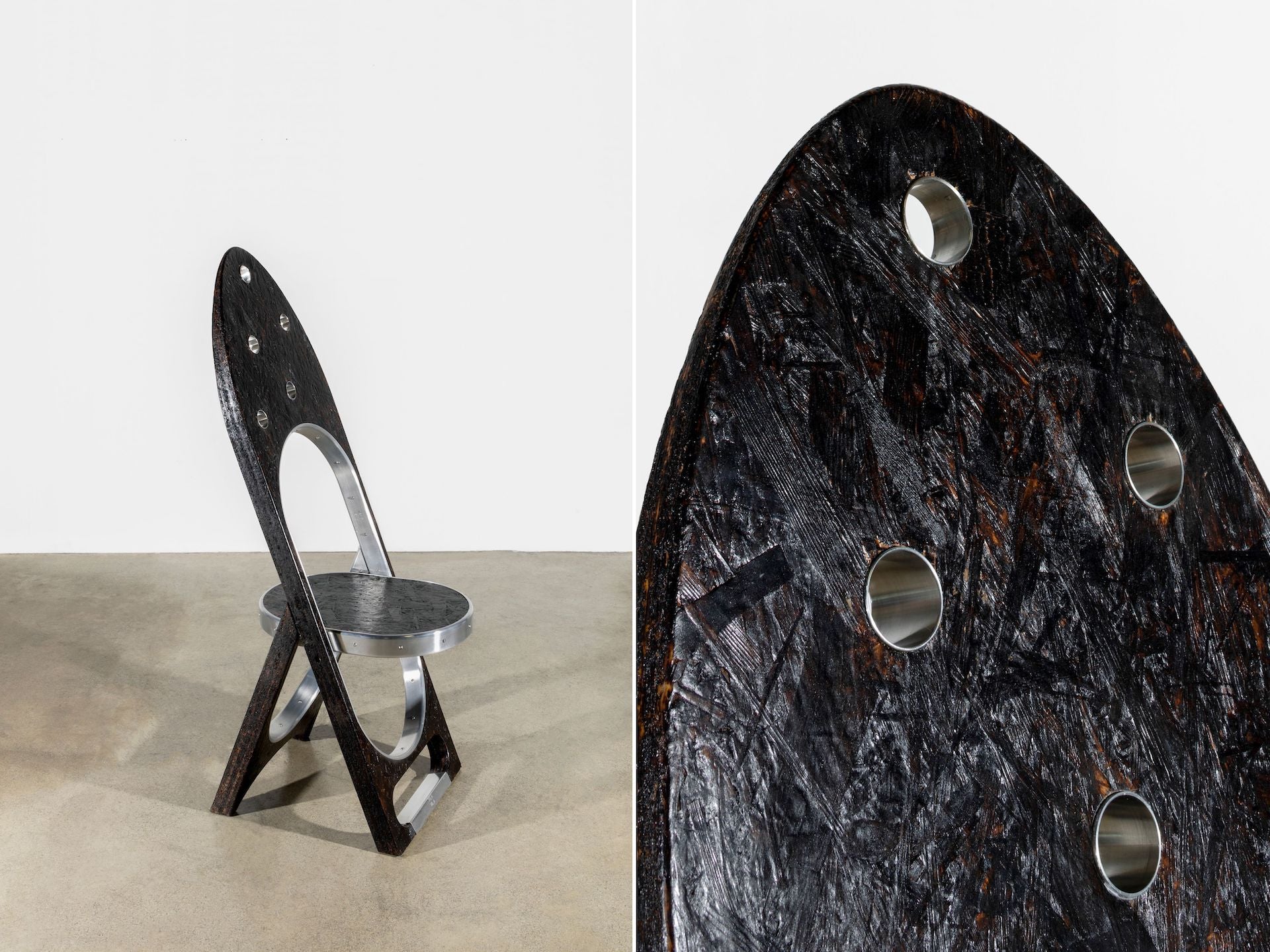 Represented by Friedman Benda: Trauma Chair by Samuel Ross, 2020, composed of burnished steel and molasses lacquer. Acquired by the Museum of Fine Arts Houston. Photo © Daniel Kukla; courtesy of Friedman Benda and the artist