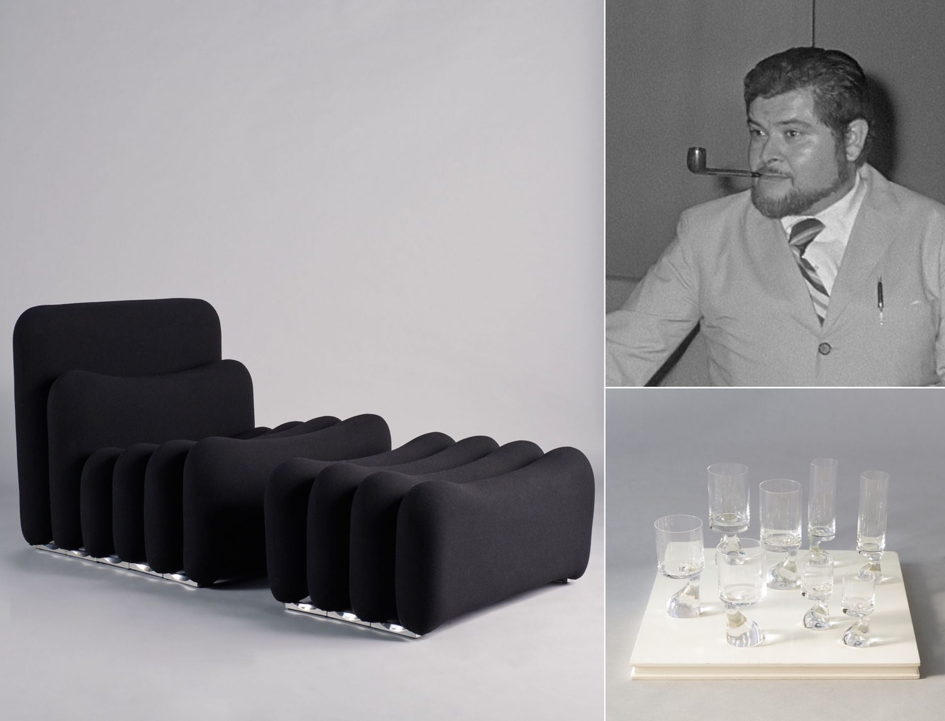 Joe Colombo in 1969; Photo via Wikicommons. Joe Colombo works: Additional System Armchair & Ottoman for Sormani, 1968; Asimmetrico Glasses for Riedel, c. 1960s; Photos © Federico Torra for Galleria Rossella Colombari.