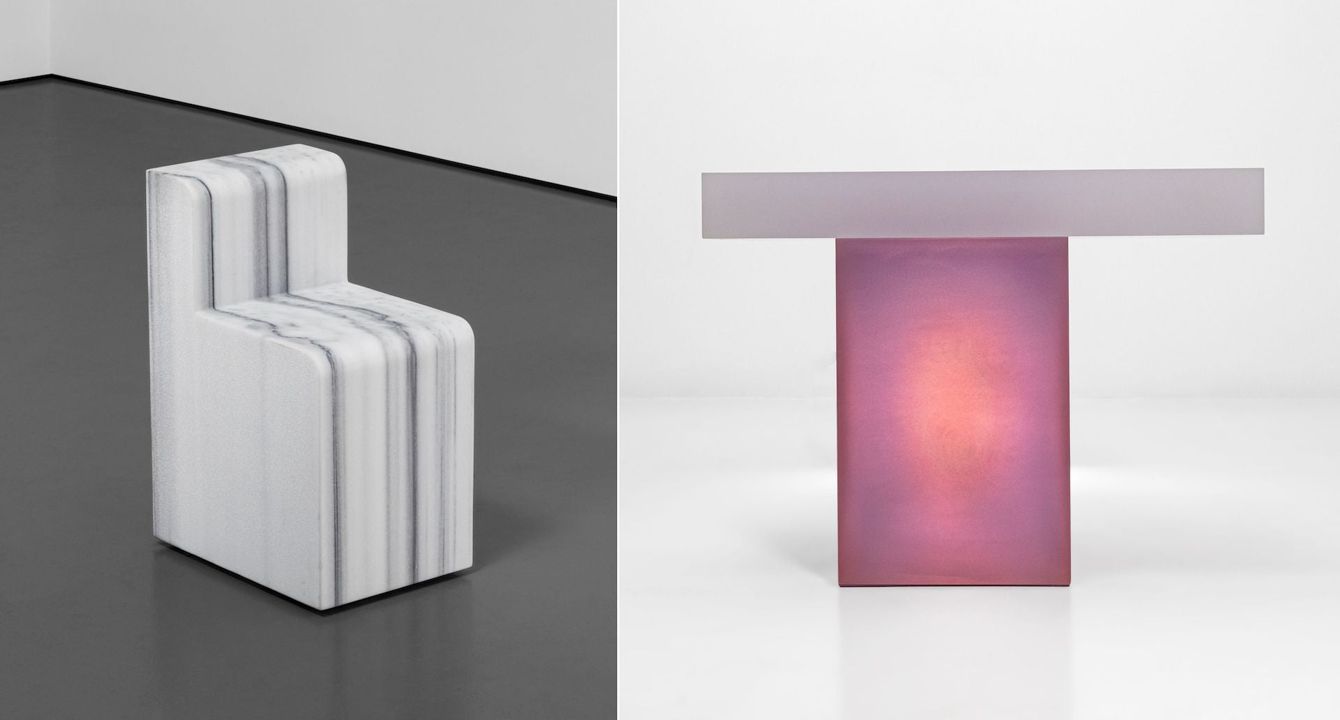 3DPD Stool by Robert Stadler (2022) and White & Light Purple Side Table by Wonmin Park (2016) for Carpenters Workshop Gallery. Photos © Carpenters Workshop Gallery