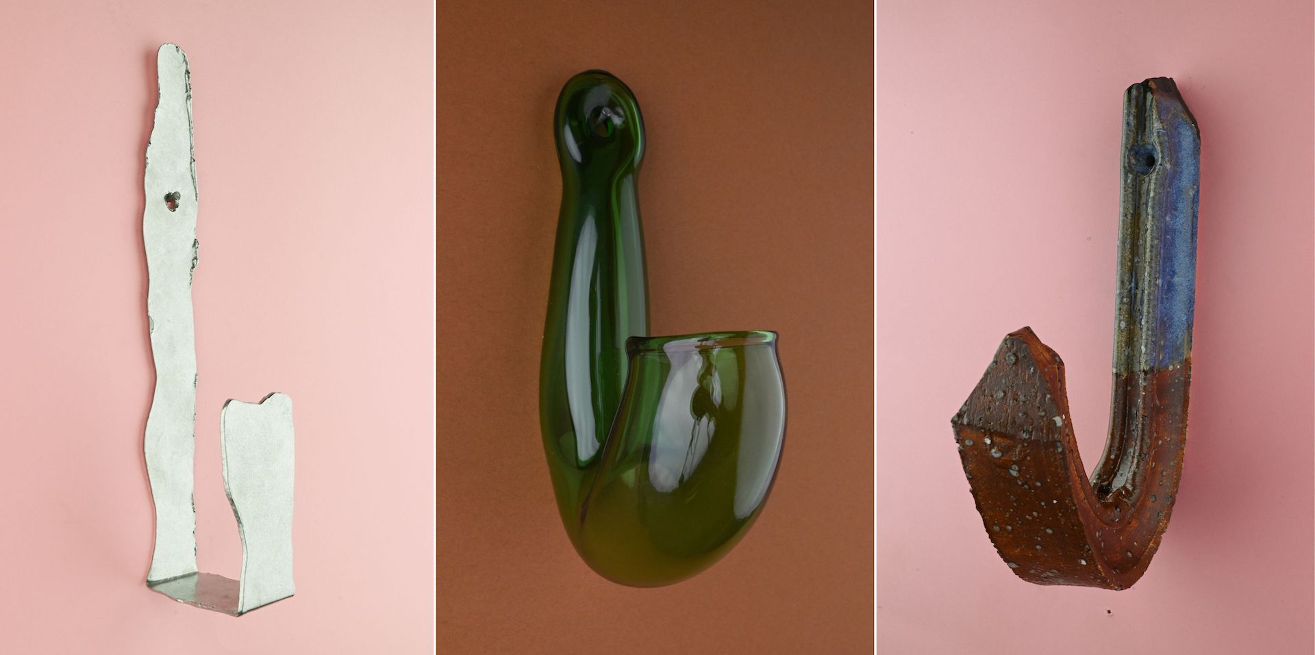 Martino Gamper's Hooks, from left to right: Flame 'n Cut, Hook from Glass, and Fired Hook (2023). © Martino Gamper. Photos © Martino Gamper Studio; courtesy of the artist and Anton Kern Gallery, New York