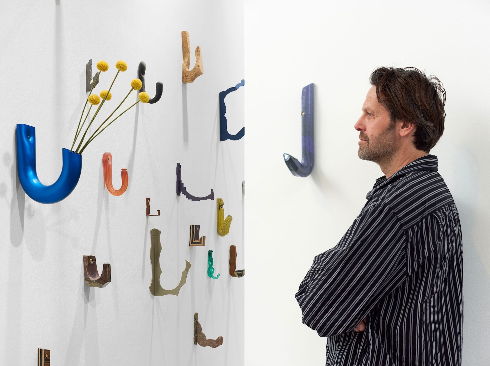 Installation view of Martino Gamper: I Am Many Moods at Anton Kern Gallery in New York, 2023. Portrait of designer Martino Gamper. © Martino Gamper. Photos © Izzy Leung; courtesy of the artist and Anton Kern Gallery, New York