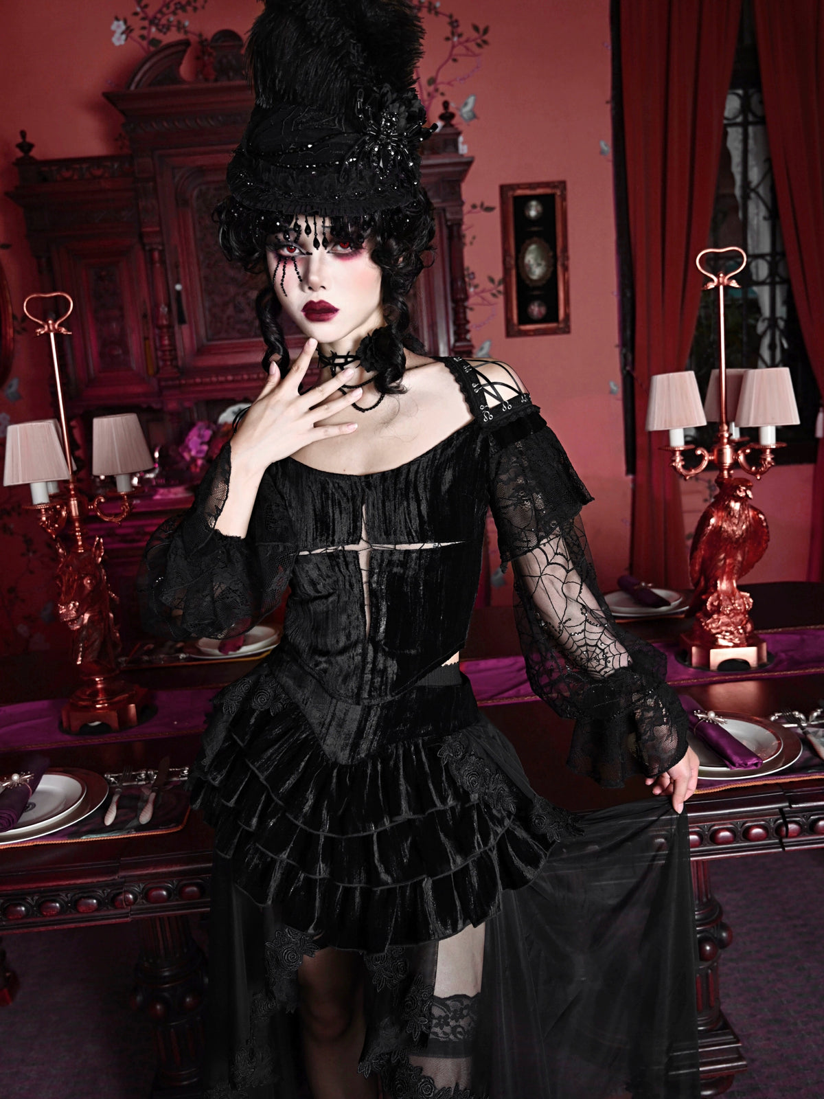 Gothic Velvet Fishbone Corset & Bead Decoration Camisole & Tulle Lace