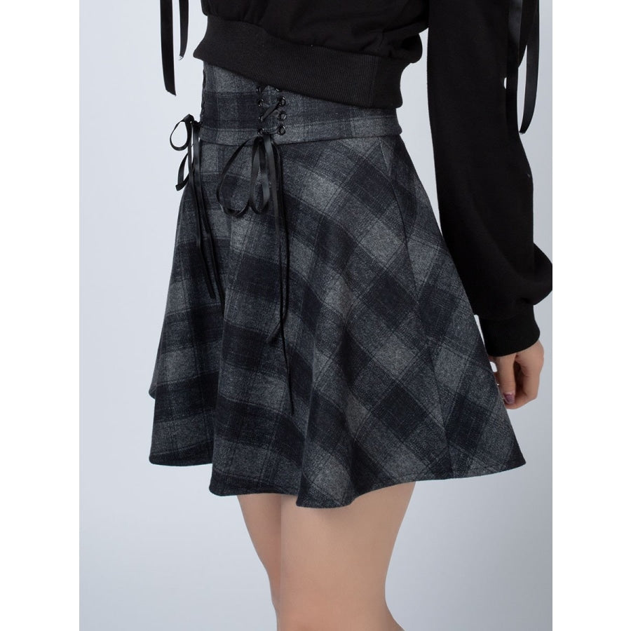 Vintage Plaid Lace Up High Waist Corset Tartan Skirt Womens Gothic