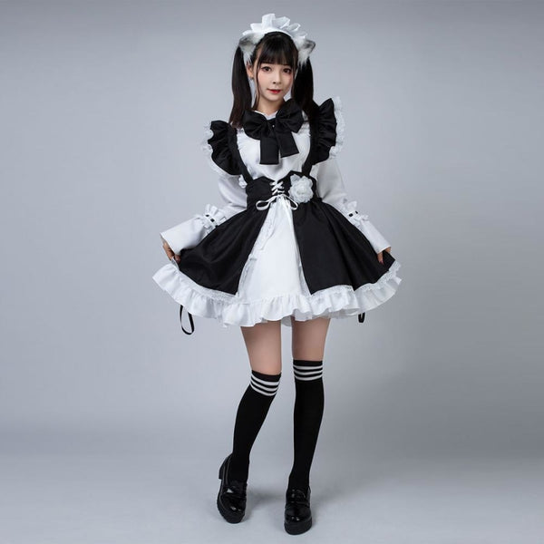 Japanese Anime Maid Outfit Long Sleeve Big Bow Black Lolita Dress Cafe Shop  French Wench Animation Show Cosplay Costume Xs4xl  Fruugo IN