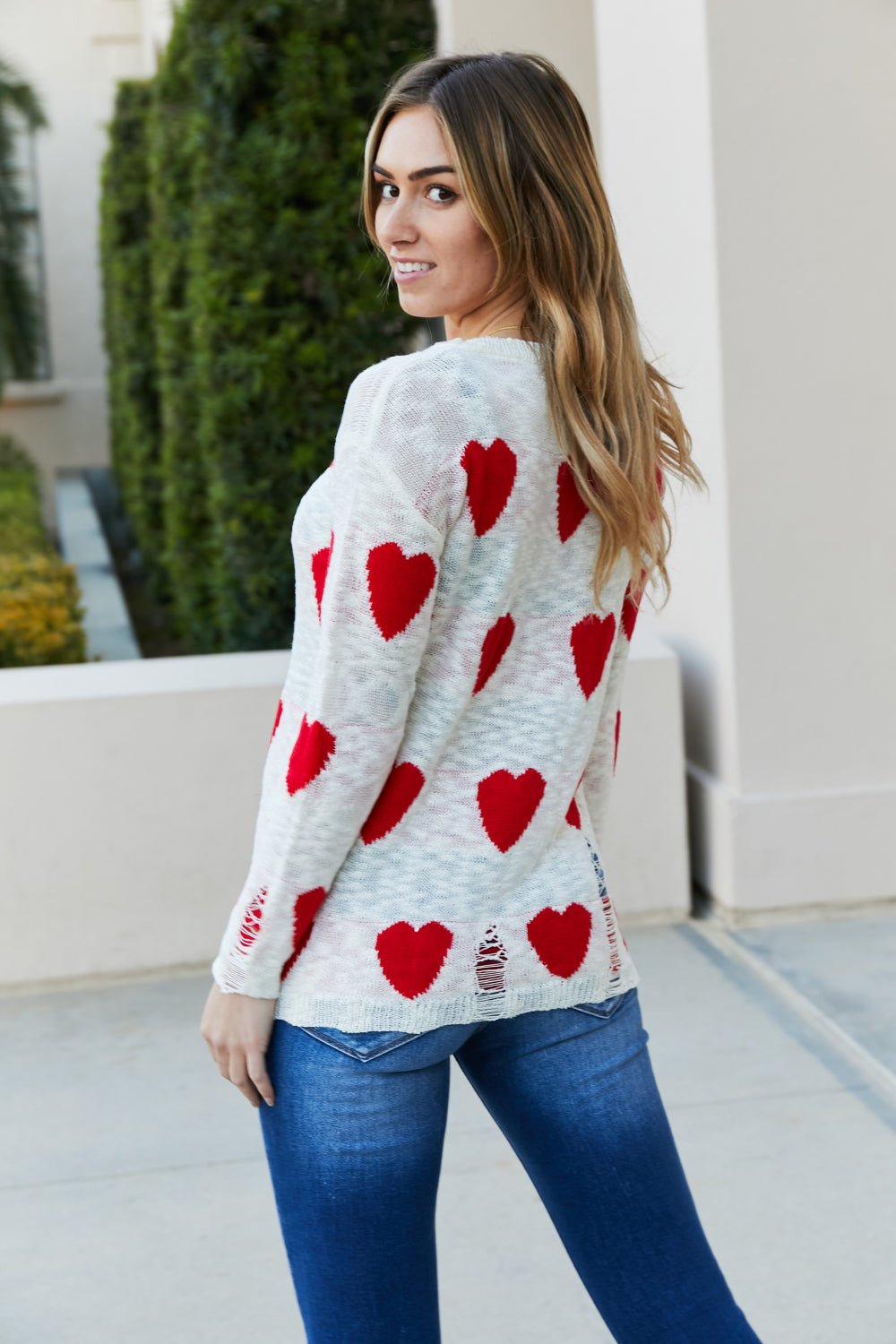 CY Fashion Full Size Heart Pattern Distressed Knit Top Seacoast Pop Up