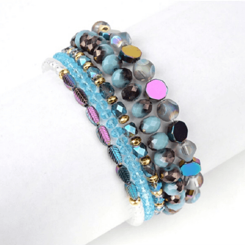 Black & Sunset w/ Blue Color Splotches Bead Clear Elastic String Bracelet