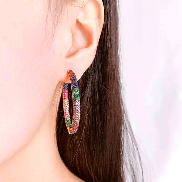 Brilliant Rainbow Pave CZ Large Women Gold Hoop Earrings