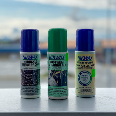 NikWax Shoe Care Products, from left to right Nubuck & Suede Proof, Footwear Cleaning Gel, and Waterproofing Wax for Leather
