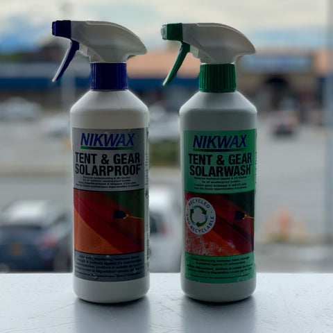 Two NikWax Spray Bottles, from left to right Tent & Gear Solarproof, Tent & Gear Solarwash