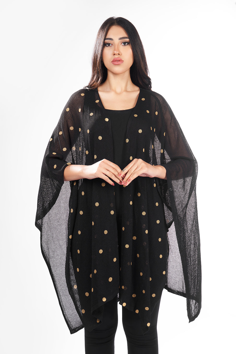 ONE SIZE, LOOSE FIT, KNITWEAR PONCHO, WITH A GOLD OXIDE POLKADOT PATTERN