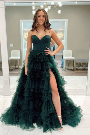 Dark Green Tiered Corset Tulle A Line Prom Dress with Slit - Lvnes