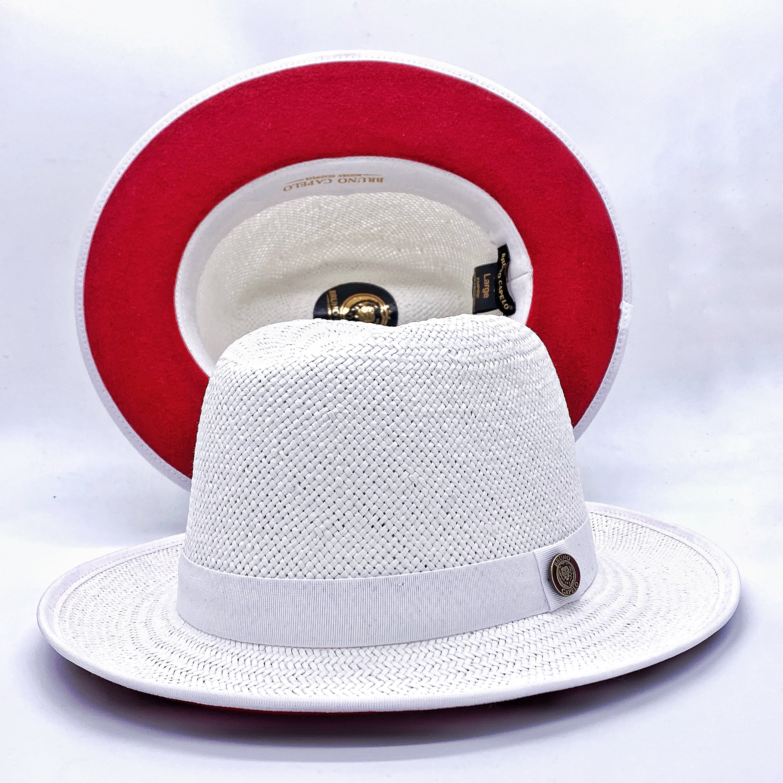 Bruno Capelo White Burnt Red Bottom Flat Brim Straw Fedora, 52% OFF