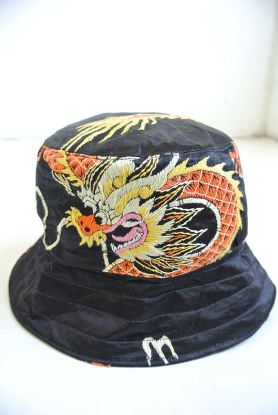 Reworked bucket hat black embroidered dragon Large