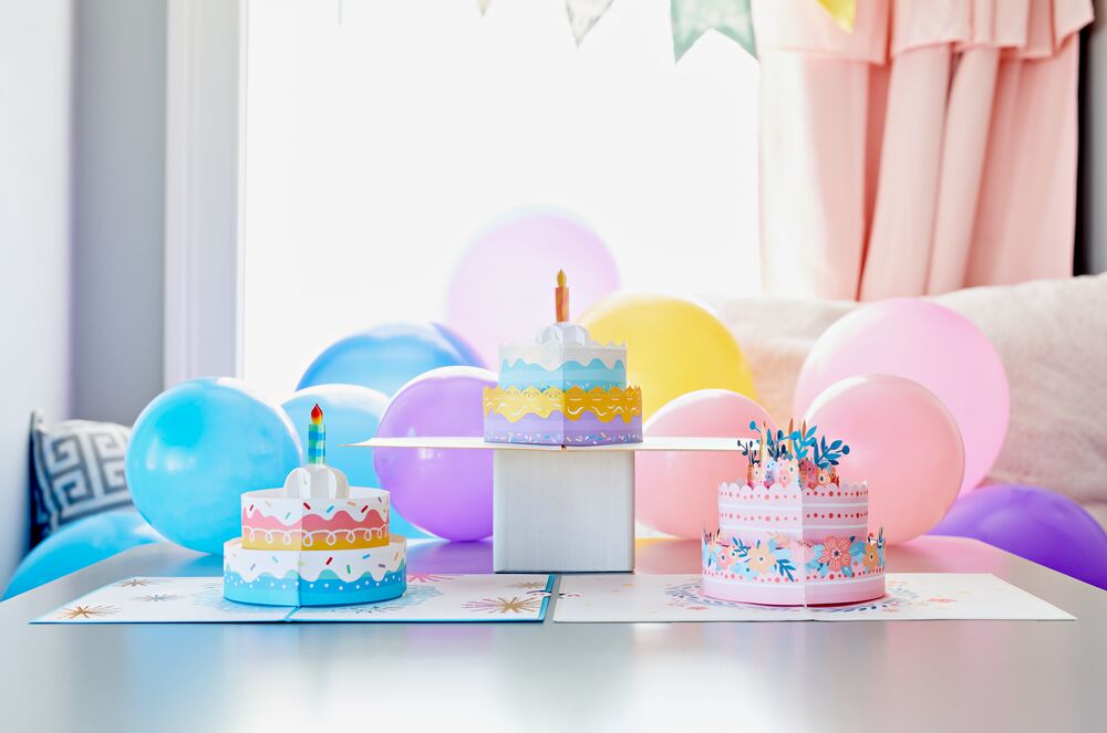 Birthday Cake Pop-Up Cards with Balloons in the Background