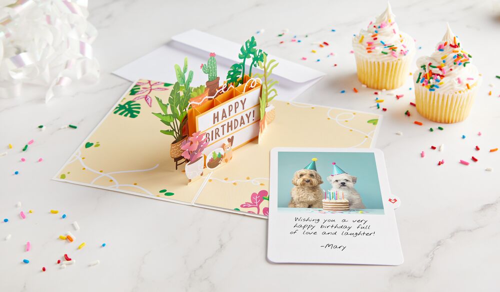 Happy Birthday Pop-Up Card with a custom picture of two dogs in party hats