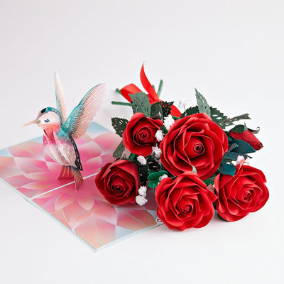 Handcrafted Paper Flowers: Roses (6 Stems) with Love Explosion Pop-Up Card