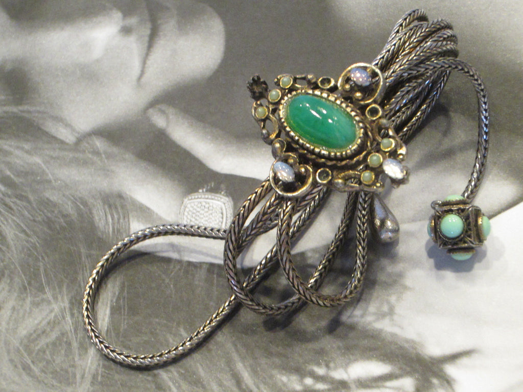 Victorian Book Piece Charm Bracelet Silver Filigree Jade Turquoise Dec ...