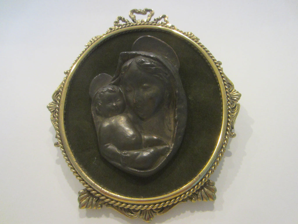 A Bronze Icon Madonna Child Portrait Italian Green Velvet Mount