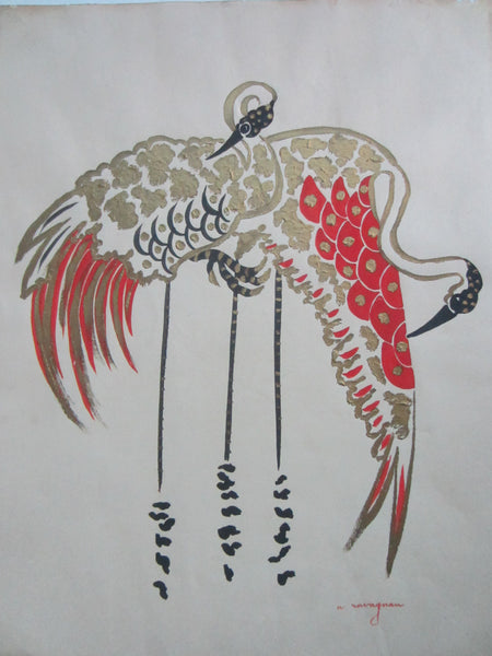 Egrets Gouache Gold Geometric Red Long Black Legs Exotic Birds Signed ...