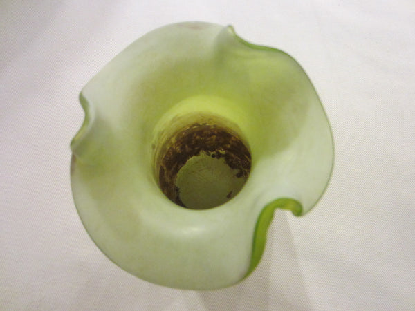 Satin Opalescent Ribbed Glass Vase Scrolled Enameling Beading Flowers - Designer Unique Finds 
