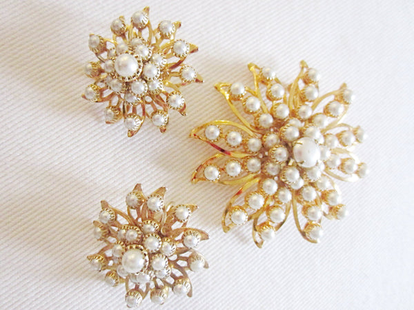 Judy Lee Starburst Faux Pearls Signed Golden Earrings Brooch Set ...