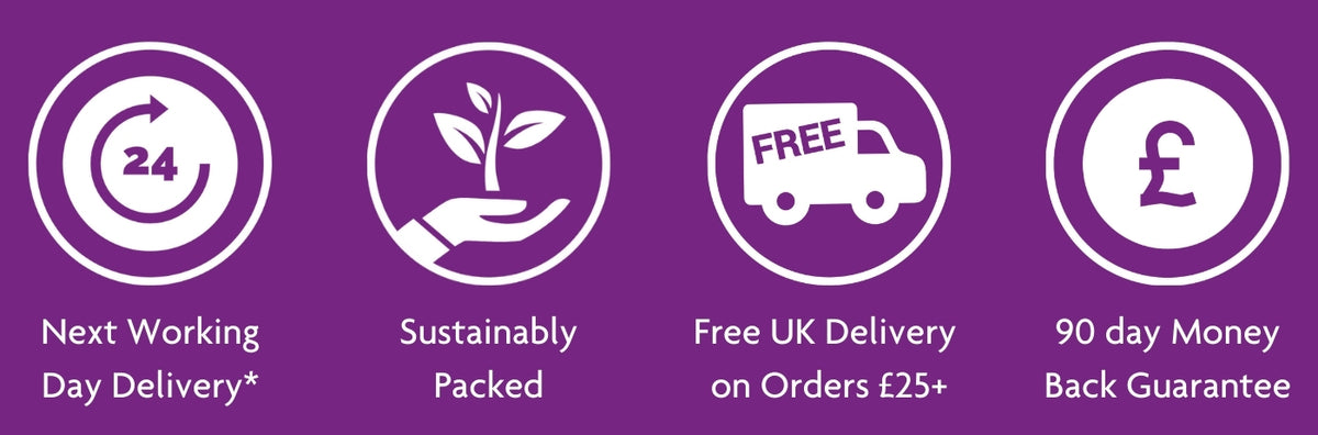 Image shows icons for the following: Next Working Day Delivery*. Sustainably Packed. Free UK Delivery on Orders over £25. 90 day money back guarantee. 