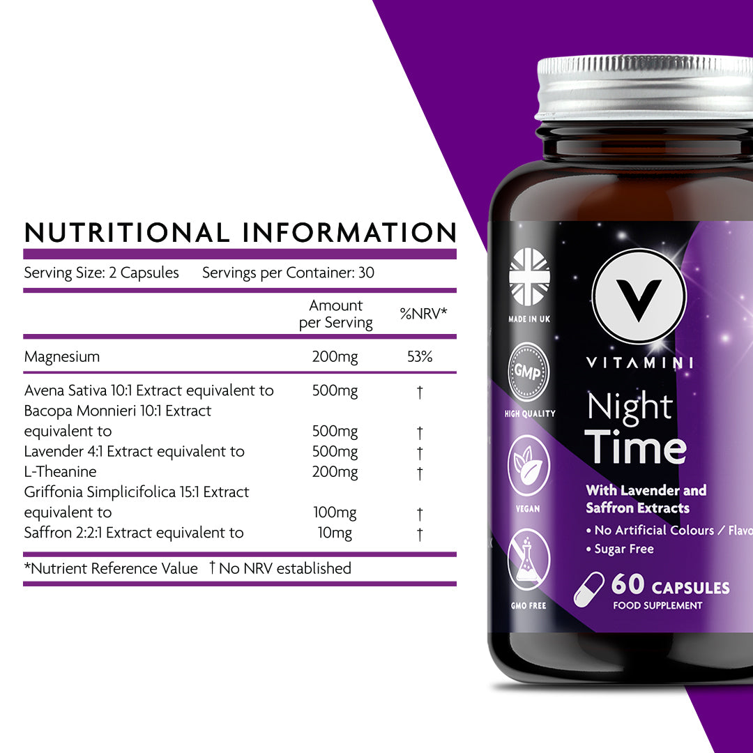 Nutritional Information: Serving Size 2 capsules. Servings per container 30. Amounts per serving - Magnesium 200mg, Avena Sativa 10:1 extract equivalent to 500mg, Bacopa Monnieri 10:1 extract equivalent to 500mg, Lavender 4:1 extract equivalent to 500mg, Griffonia Simplicifolica 15:1 extract equivalent to 100mg and Saffron 2:2:1 extract equivalent to 10mg.