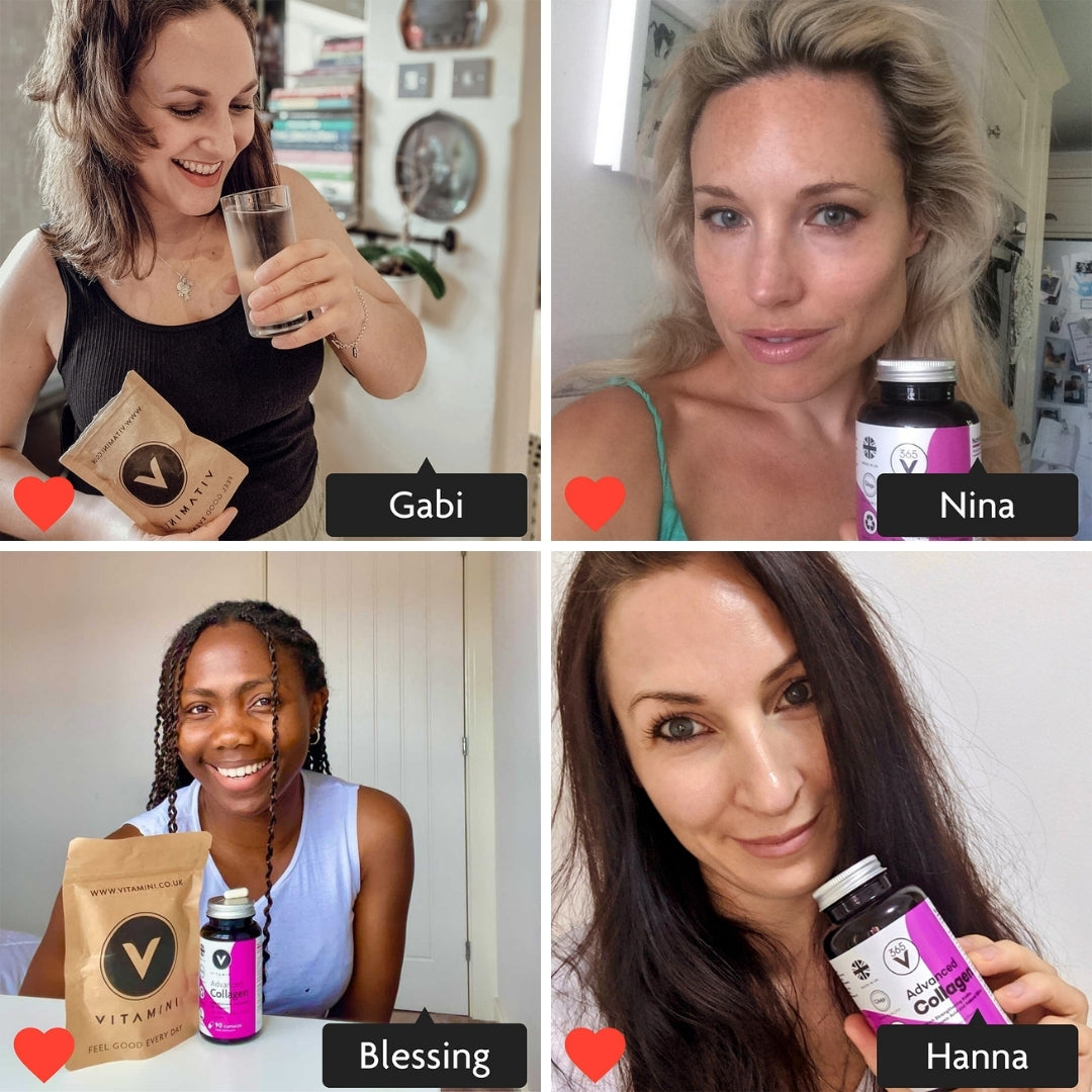 Photo grid with 4 sections. In each section is a customer. Instagram style image with Gabi tagged in. Gabi is taking her Vitamini Collagen Supplement with a glass of water, she is smiling and holding a Vitamini Advanced Collagen Eco-Pouch. Instagram style image with Nina tagged in. Nina is holding a pot of Vitamini Advanced Collagen Supplements. Nina is smiling and has glowing skin. Instagram style image with Blessing tagged in. Blessing is sitting at a table with a Collagen Pot and Collagen Eco Pouch on the surface. Blessing has a massive smile and looks happy. Instagram style image with Hanna tagged in. Hanna is holding a pot of Vitamini Advanced Collagen. Hanna is smiling.