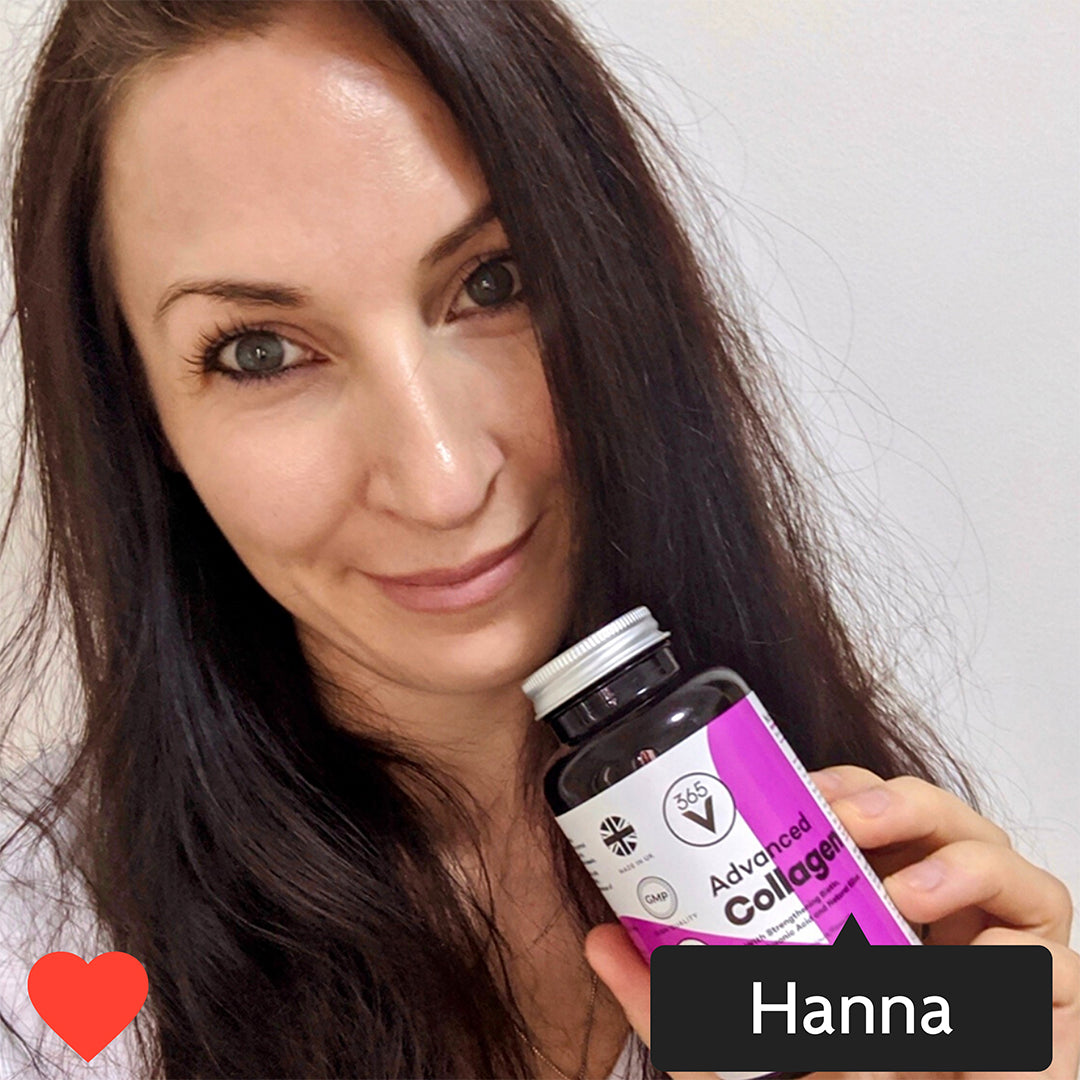 Instagram style image with Hanna tagged in. Hanna is holding a pot of Vitamini Advanced Collagen. Hanna is smiling.
