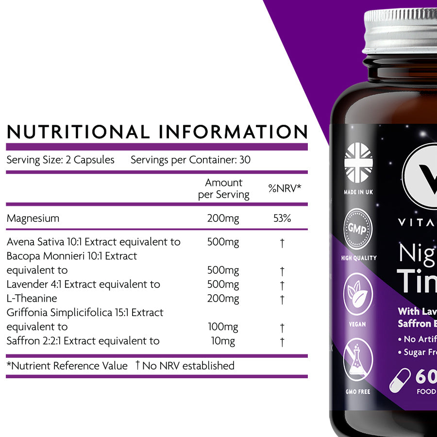 Nutritional Information: Serving Size 2 capsules. Servings per container 30. Amounts per serving - Magnesium 200mg, Avena Sativa 10:1 extract equivalent to 500mg, Bacopa Monnieri 10:1 extract equivalent to 500mg, Lavender 4:1 extract equivalent to 500mg, Griffonia Simplicifolica 15:1 extract equivalent to 100mg and Saffron 2:2:1 extract equivalent to 10mg.