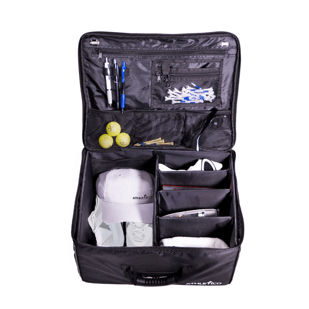 large golf trunk organizer is manufactured from durable 600d oxford fabric for all golf accessories, adjustable dividers