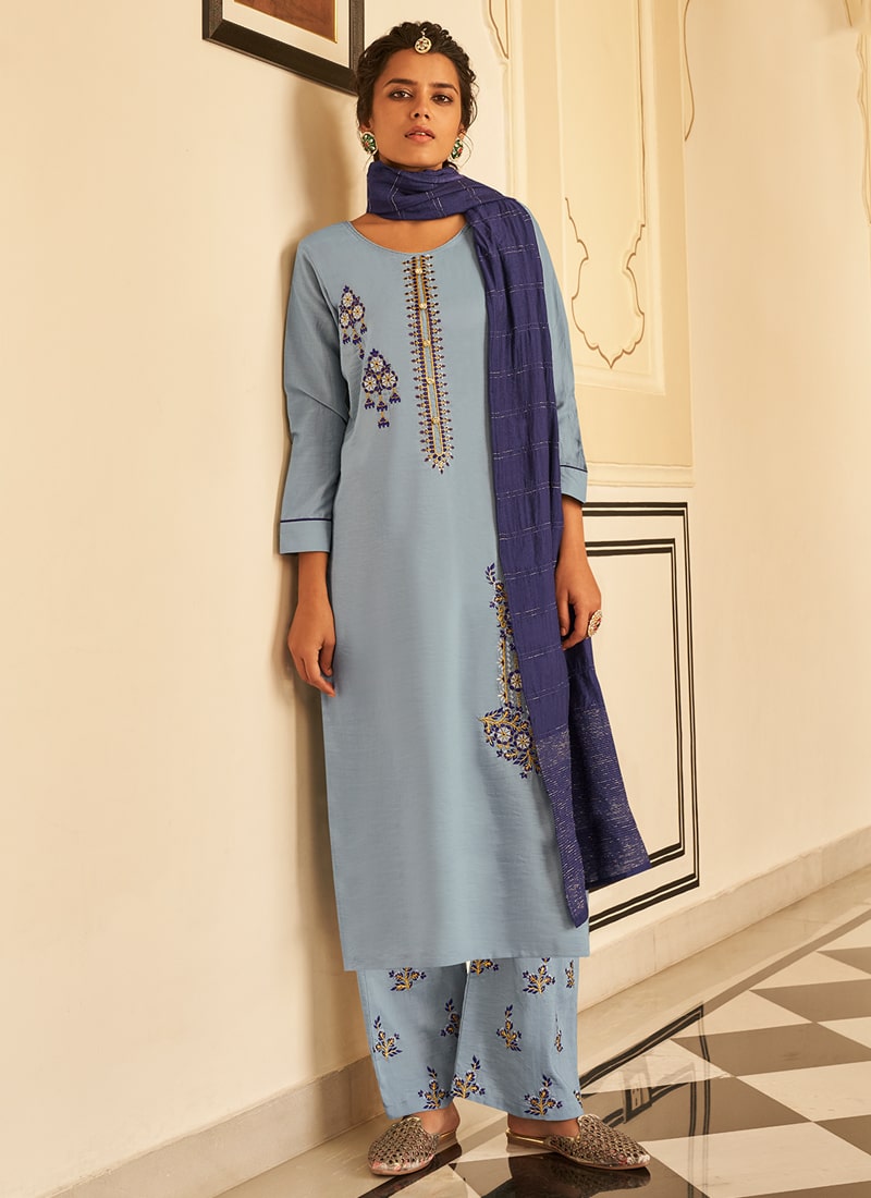 Sky blue colored thread worked straight suit with contrast dupatta ...