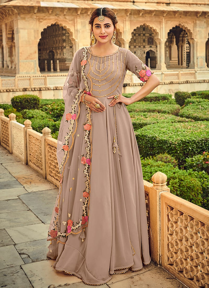 Buy Onion Pink Georgette Bridal Gown With Dabka,Sequins Prints