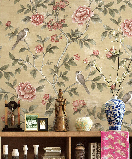 Classic Style Chinoiserie Vintage Floral Wallpaper With Flowers Birds Wall Paper For Girls Bedroom Living Room Classical Decor (10mtr Rolls)