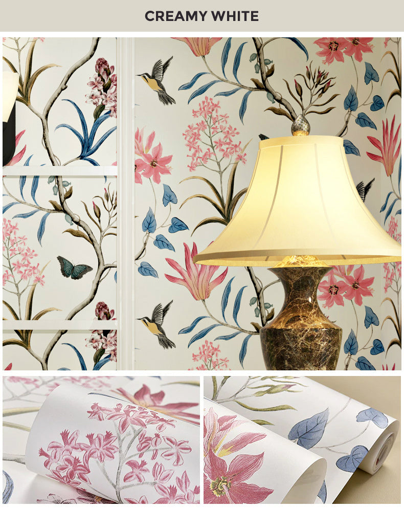 Classic Vintage Chinoiserie Wallpaper Pink Flower Butterflies & Birds Tropical Garden Floral Wall Paper Exotic Living Room Home Decor (10mtr Roll)